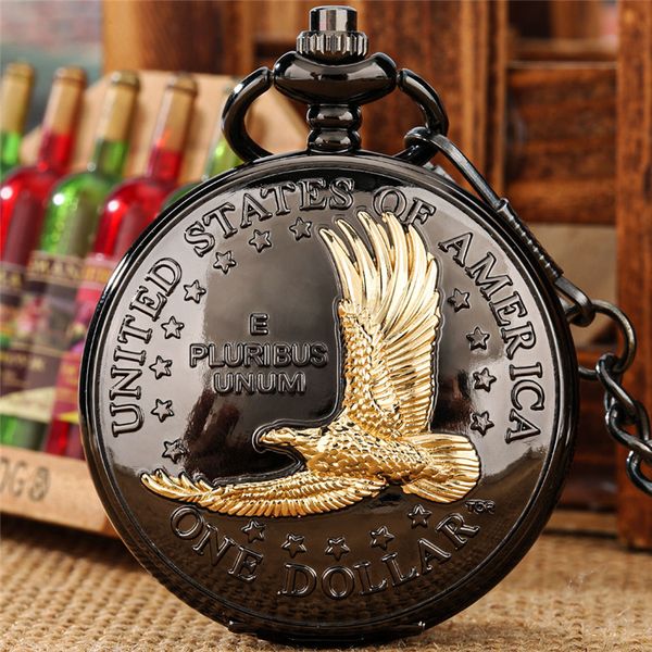 

vintage style pocket watch united states one dollar eagle men women quartz analog watches with fob necklace chain roman number clock, Slivery;golden