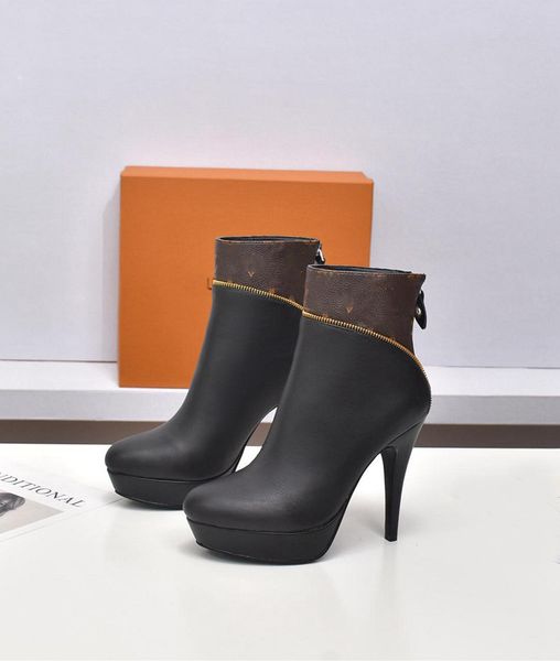 

2022 luxury afterglow platform ankle boot womens leather chunky platform ankles boots lady fashion high heel booties with box, Black