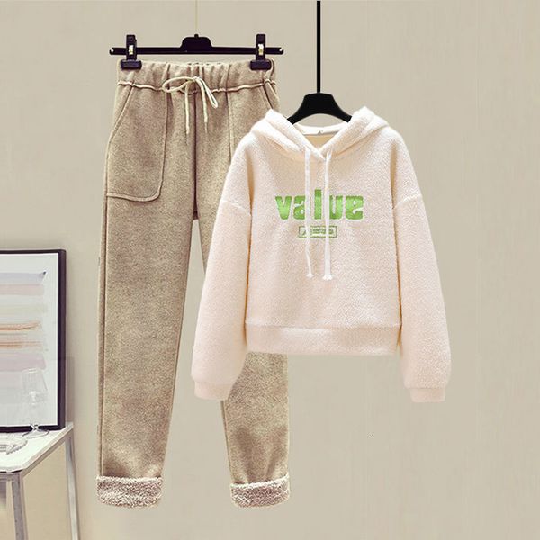 

women's two piece pants winter woolen female suit plus velvet thickening loose korean lamb plush hoodie casual trouser suits 221130, White