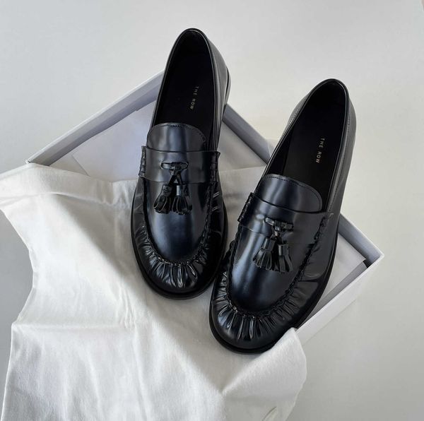 

new 2022 niche the row genuine leather tassel lefu shoes british style flat heel comfortable round toe small leather shoes, Black