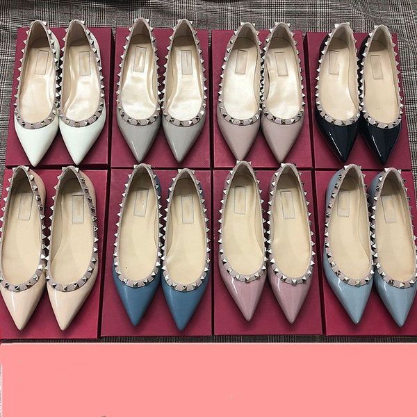 

women rivets shoes brand sandals flat bottom loafers genuine leather nude black shiny pointed toe wedding shoes shallow big size 34-44 with