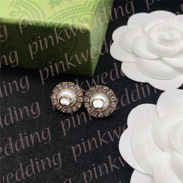 

luxury pearl earrings charm diamond stud for womens double letter party earrings christmas gift with box, Golden