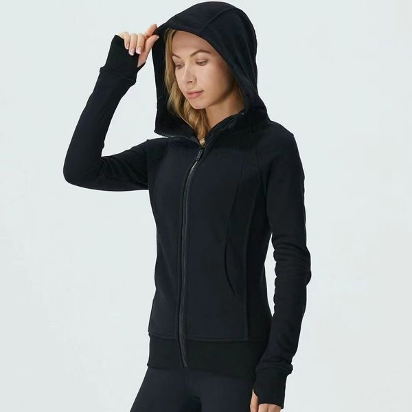 

yoga outfits lu-98 women brushed full zip hoodie jacket sportswear hooded workout track running coat with pockets outdoor fleeces thumb hole, White;red