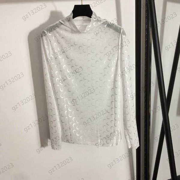 

womens clothes t-shirts moon jacquards half high neck long sleeves pullovers net yarn see-through style undershirt fashion joker women appa, White