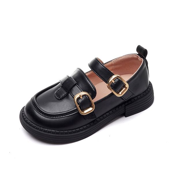 

sneakers children metal button leather shoes girls black temperament kids fashion simple korean style round toe versatile spring 221130, Black;red