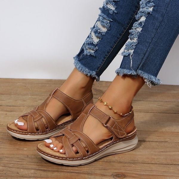 

slippers wedges sandals for women summer retro casual plus size 43 orthopedics women's shoes rome soft sole open toe sandalias 221130, Black