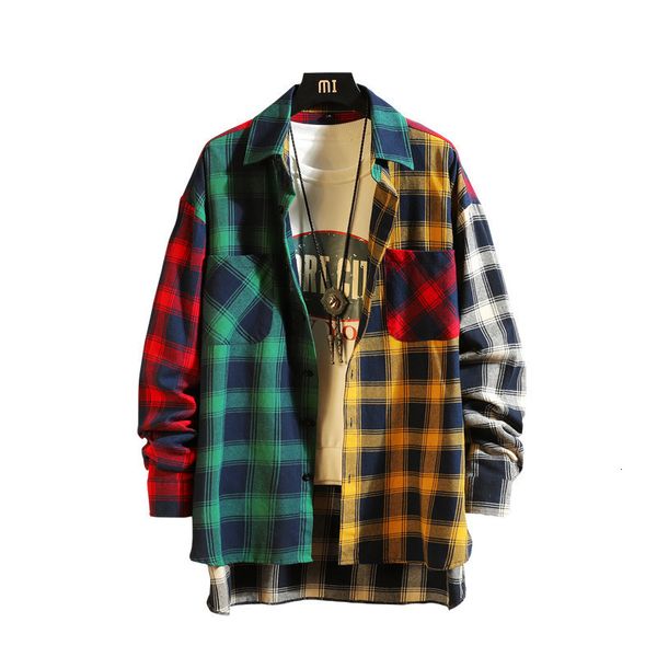 

men's casual shirts personality patchwork red plaid shirt men's street casual hip hop long-sleeved loose large size -5xl 221130, White;black
