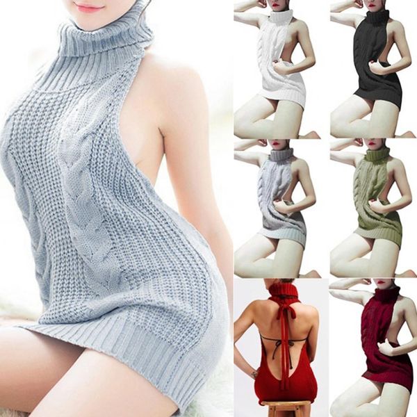

women's sweaters fashion backless sleeveless turtleneck pullover knit virgin killer cosplay dress female jumper 221201, White;black