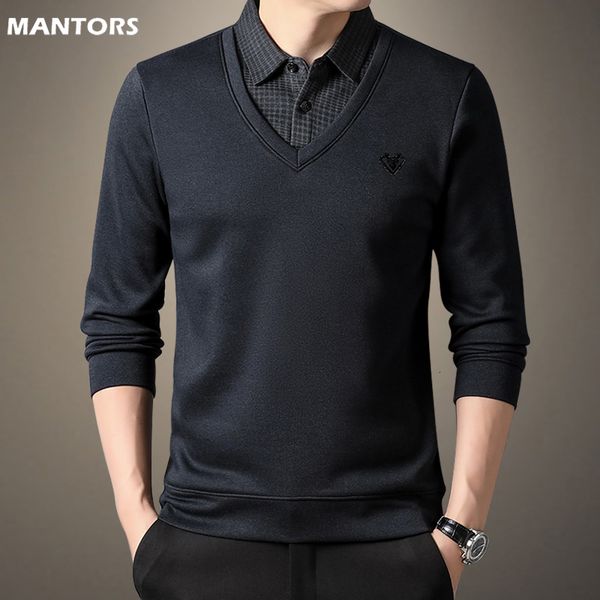 

mens sweaters winter men polo fake twopiece casual business base pullover male slim thicken fleece knitted shirt 221130, White;black