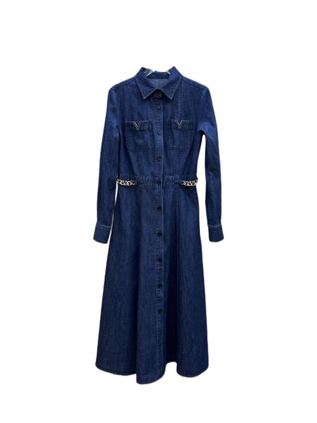 

autumn and winter temperament new denim wash pocket v decorative waist chain accessories dress, Black;gray
