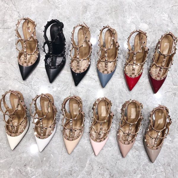 

classics women brand sandals rivets high heels pointed shoes 6cm 8cm 10cm thin heel nude black genuine leather red wedding shoes with dust b