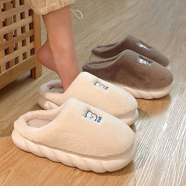 

slippers fur wholesale cute bear fluffy women winter warm closed plush home slipper kawaii flat thick platform slides shoes 221130, Black