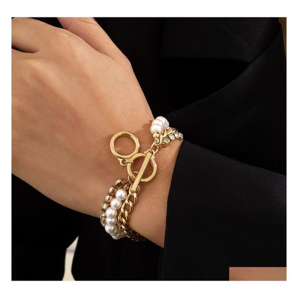 

charm bracelets fashion jewelry mti layer faux pearl beaded rhinestone chains bracelet drop delivery bracelets dh0no, Golden;silver