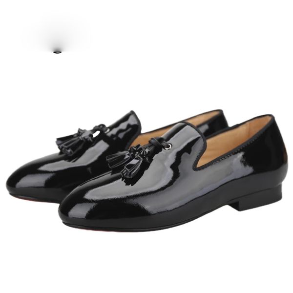 

dress shoes new black patent leather kid loafers handmade spikes tassel children's casual flats for birthday red color bottom