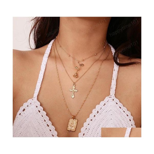 

pendant necklaces geometric rose mti layer cross pendant chain square gold beads flower necklaces women floral fashion neck jewelry dhi0d, Silver