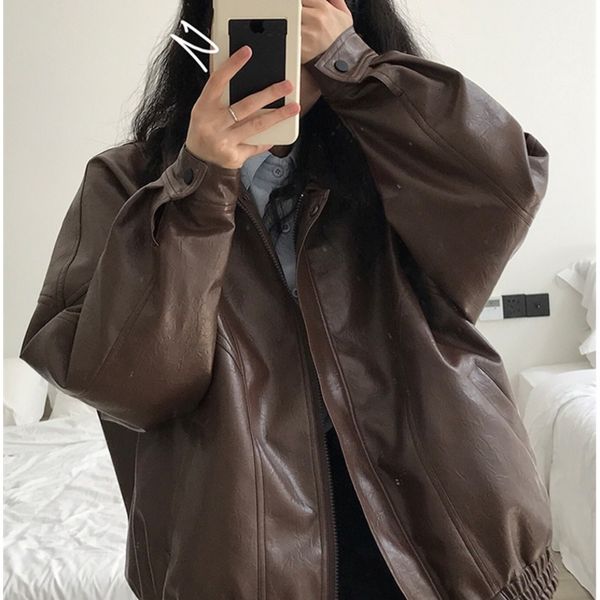 

women s jackets autumn pu leather jacket spring vintage brown motorcycle coat female korean loose street outwear 221130, Black;brown