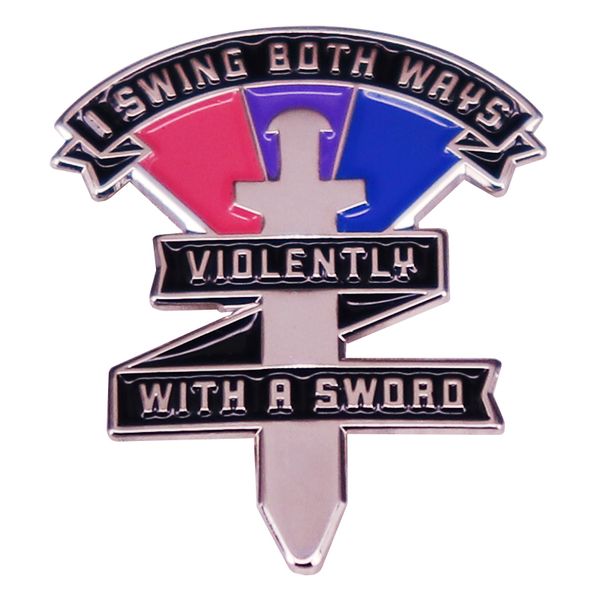 

swing both ways bi pride violently with a sword enamel pin lgbtq bisexual badge backpack decoration jewelry, Blue