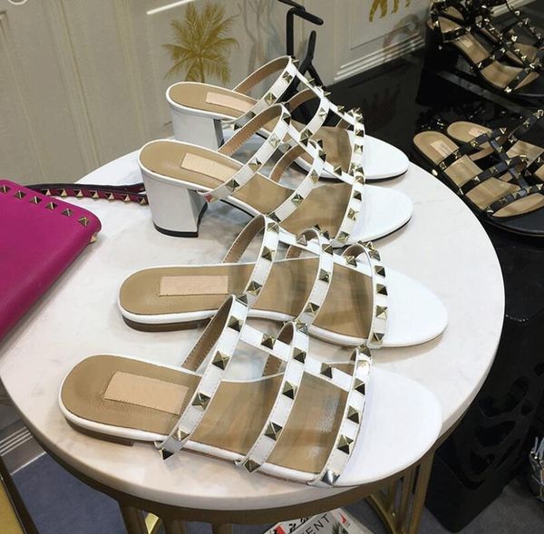 

women sandals lady slippers high heels classics shoes summer studded leather open toe 3 straps chunky heels rivets with box, Black