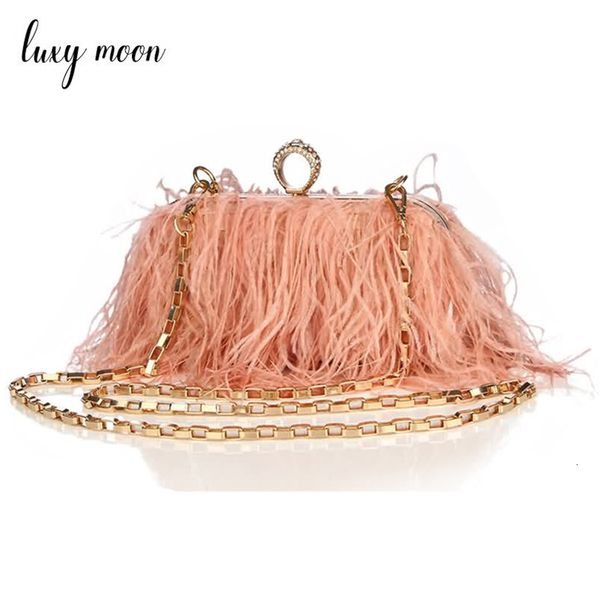 

evening bags luxy moon designer ostrich fur feather wallet clutch women diamond knuckle rings dinner chain purse zd855 221130