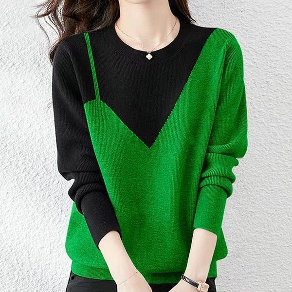 

women's sweaters fashion o-neck knitted spliced korean sweater clothing autumn oversized casual pullovers all-match commute 221201, White;black