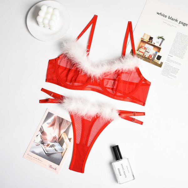 

ladies underwear ins christmas new year fun underwear set wool mesh splicing carnival party women's fun clothes, Red;black