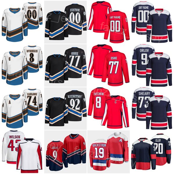 

2023 reverse retro hockey 92 evgeny kuznetsov jerseys 19 nicklas backstrom 77 tj oshie 43 tom wilson ilya samsonov john carlson alex ovechki, Black;red