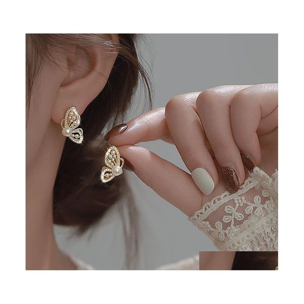 

stud fashion jewelry symmetrical pearl butterfly earrings women faux stud drop delivery dheld, Golden;silver