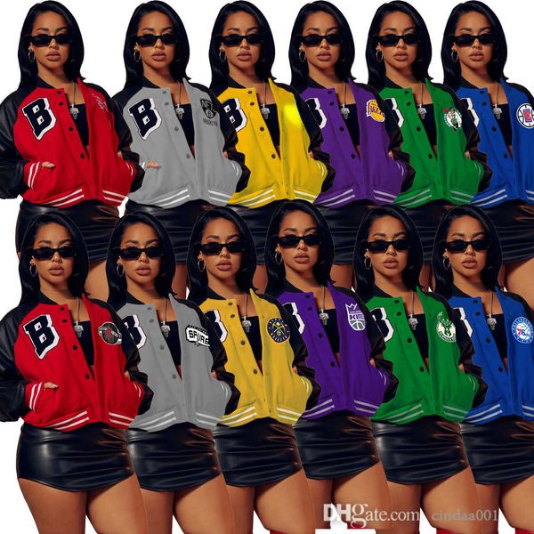 

wholesale women baseball clothing fashion printed plush sweater suit pu leather splice threaded bomber jersey coat, Gray