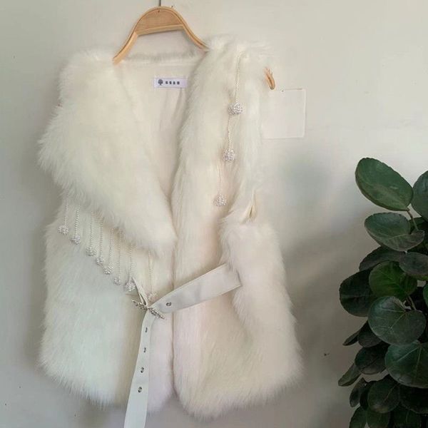 

women's vests 2023 female winter clothes coat vest women korean of heavyduty beaded tassels with belts green vests faux fur short jacke, Black;white