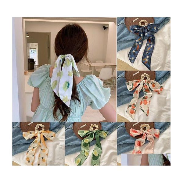 

hair rubber bands fruit printed chiffon streamers hair rope pearl elastic rubber bands ponytail holder long ribbon women sweet acces dhiak, Pink