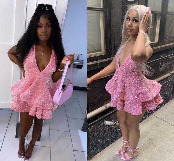 

black girls short prom party dress halter backless mini sequined tiered women homecoming birthday gowns robe de soiree