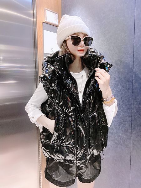 

women's vests snow wear warm long waistcoat women winter waterproof vest jacket hooded big pockets fashion glossy parka sleeveless csa, Black;white