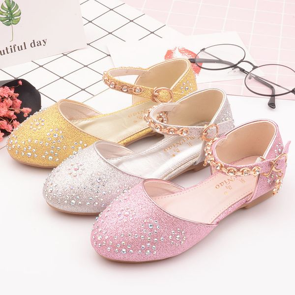 

children's shoes gold chain spring and autumn girls' high heel princess shoes diamond tide flower gilrs' kitten heels, Black