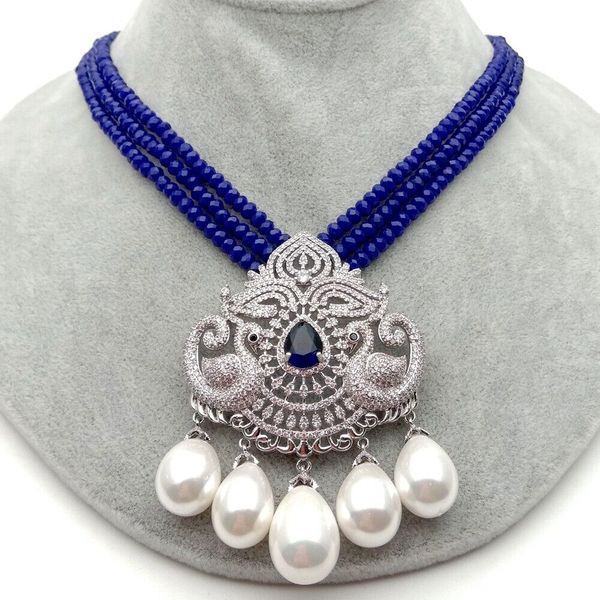

fashion jewelry 19" white shell pearl pendant 3 strands blue jade necklace, Silver