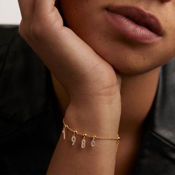 

s925 womens charm bracelet crystal number bracelets 925 sterling silver simple women bracelet fine jewelry accessories, Golden;silver