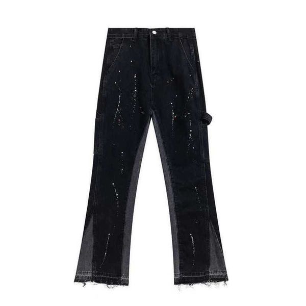 

brand designer jeans gallxxyed speckled stitching washed used flare pants loose straight high street casual trousers black, Blue