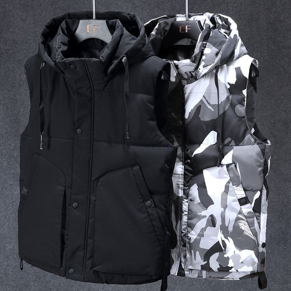 

men's vests plus size l7xl autumn winter sleeveless jacket for men brand camouflage cotton vest hooded warm casual black waistcoat 2212, Black;white