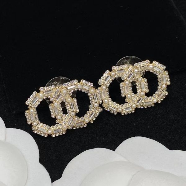 

chic double letter charm earrings diamond pearl tassel crystal perfect combination band gift box stud earrings pendant ladies party annivers, Golden