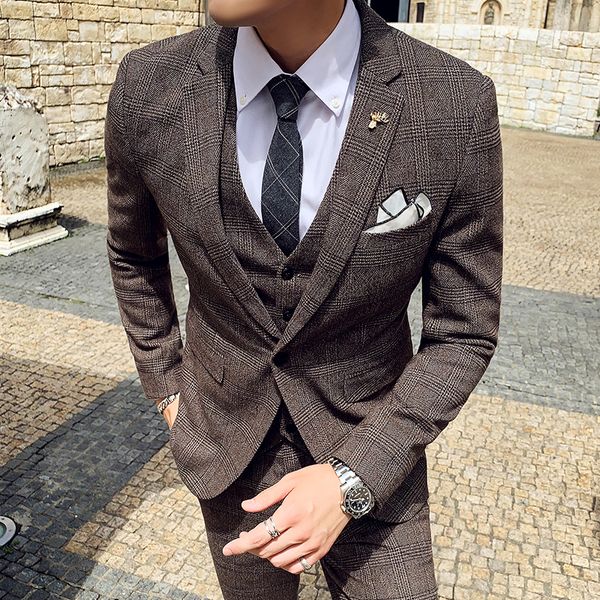 

men's suits blazers 6xl 7xl jacketsvestpants male korean slim check british business suit men three piece wedding bridegroom man dress, White;black