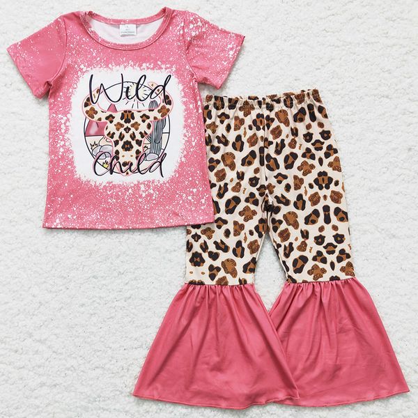 

new fashion kids designer clothes girls set cow print boutique toddler baby girl clothes wild child leopard pink bell bottom outfits wholesa, White