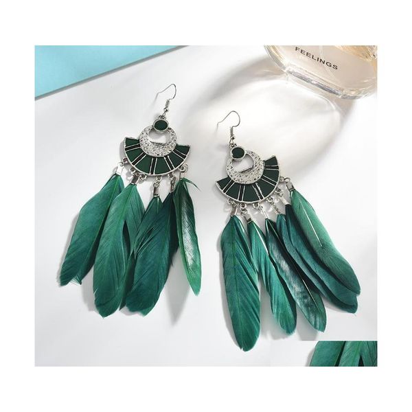 

dangle chandelier bohemian fashion womens exaggerated feather tassels dangle earrings fanshaped long drop delivery jewelry dhyu0, Silver