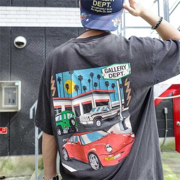 

men american t-shirteuropean and high street gallerydept vintage wash used cartoon car men's and women's casual loose short sleeve, White;black