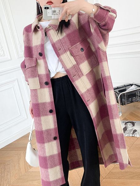 

women's wool blends autumn winter women woolen mid-length coat plaid long sleeve loose turn-down collar ladies jacket with pockets fash, Black