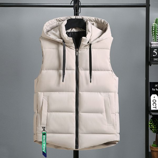 

men's vests autumn winter sleeveless jacket men fashion warm hooded zipper solid color black vests men sleeveless downjacket 221202, Black;white