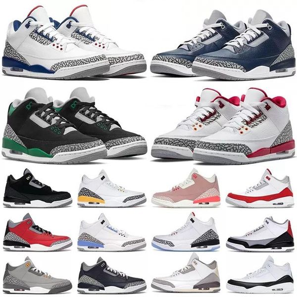 

3s jumpman men basketball shoes 3 cardinal red pine green racer blue midnight navy cool grey fire red cement pure white mens trainer sports, Black