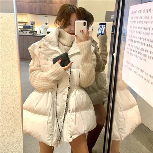 

women's vests autumn winter women's vest sleeveless cardigan bread jacket korean fashion loose coat drawstring waist warm 221202, Black;white