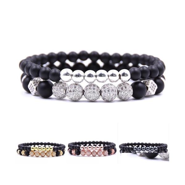 

charm bracelets 2pcs/set black 6mm beads natural stone bracelet set matte elastic line bracelets bangle couple fashion jewelry birth dh1nc, Golden;silver
