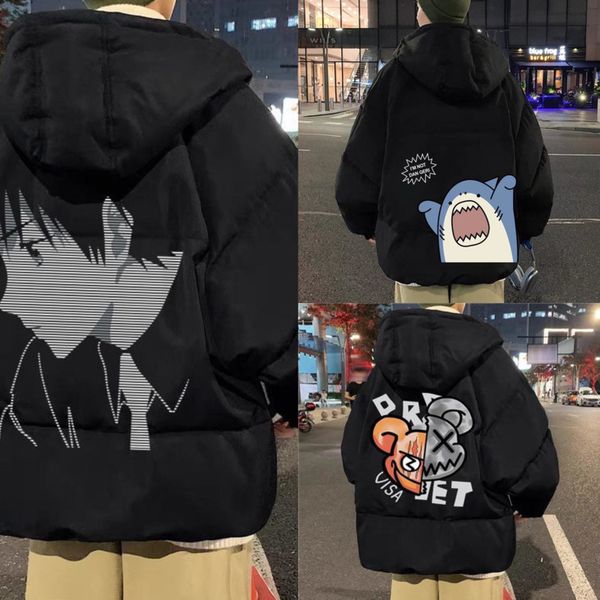 

men's down parkas techwear winter jacket men parkas women anime print japanese manga harajuku winter warm jacket padded hooded couplewe, Black