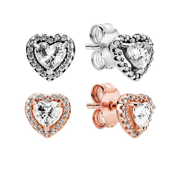 

cz diamond elevated heart stud earrings with original box for pandora 925 sterling silver women wedding jewelry love hearts rose gold earrin, Golden;silver