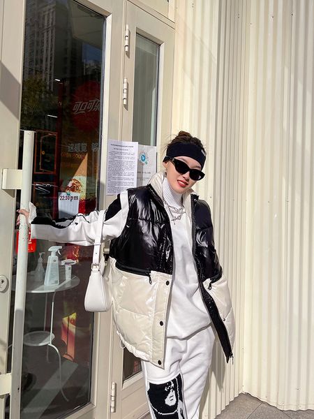 

women's vests autumn winter black white color matching women cottonpadded vest stand collar sleeveless cotton waistcoat casual veste fe